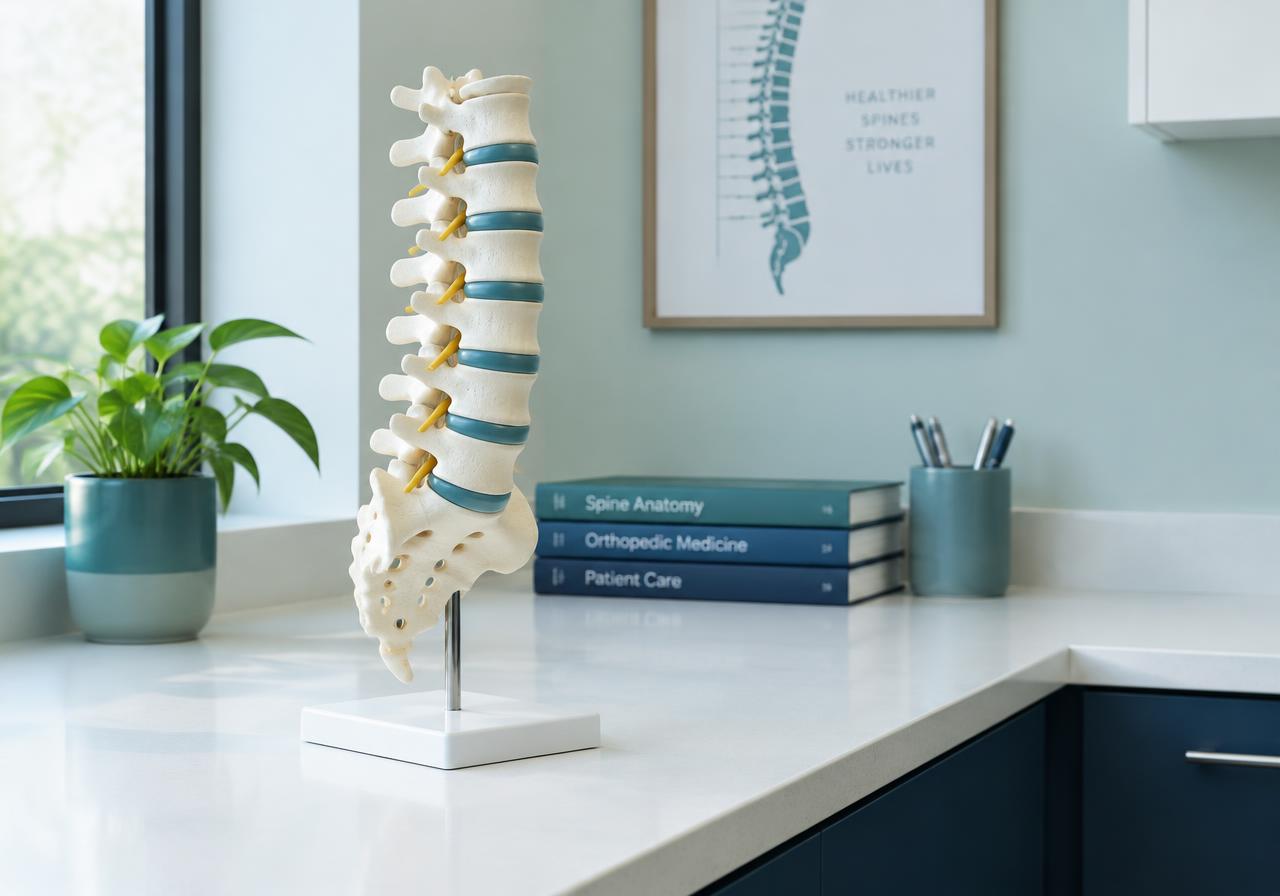Anatomical model of the lower spine showing vertebrae and discs on a clinic counter